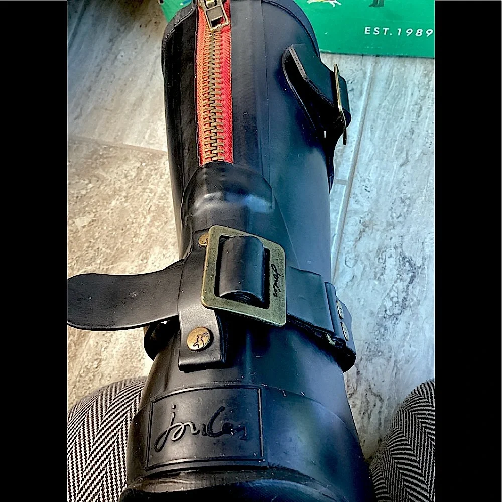 Joules Black Rain Boots with Red Zipper & buckles